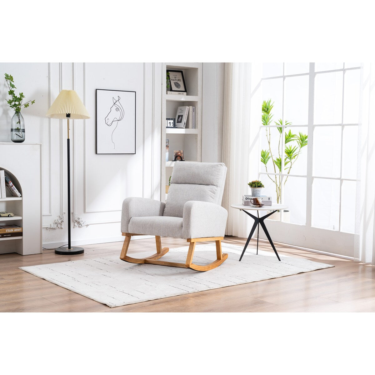 Single Person Wooden Frame Rocking Chair, Square Armrests, Standard Backrest, Equipped with Thickened Cushions and Storage Space