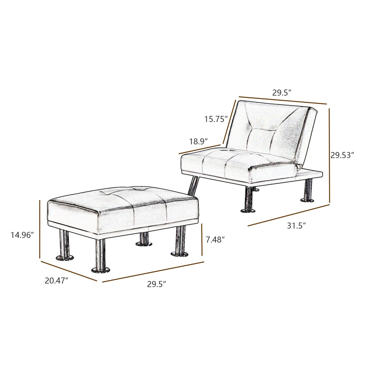 Single Sofa Bed With Ottoman , Leather Chaise Lounge Chair With Metal Legs，Black（29.5"L*31.5"W*29.53"H）