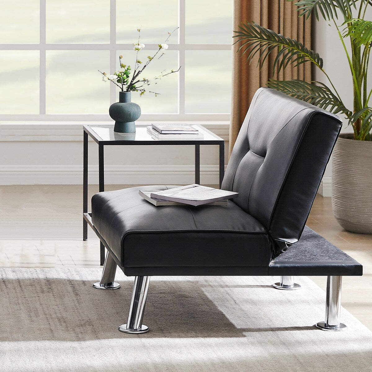 Single Sofa Bed With Ottoman , Leather Chaise Lounge Chair With Metal Legs，Black（29.5"L*31.5"W*29.53"H）