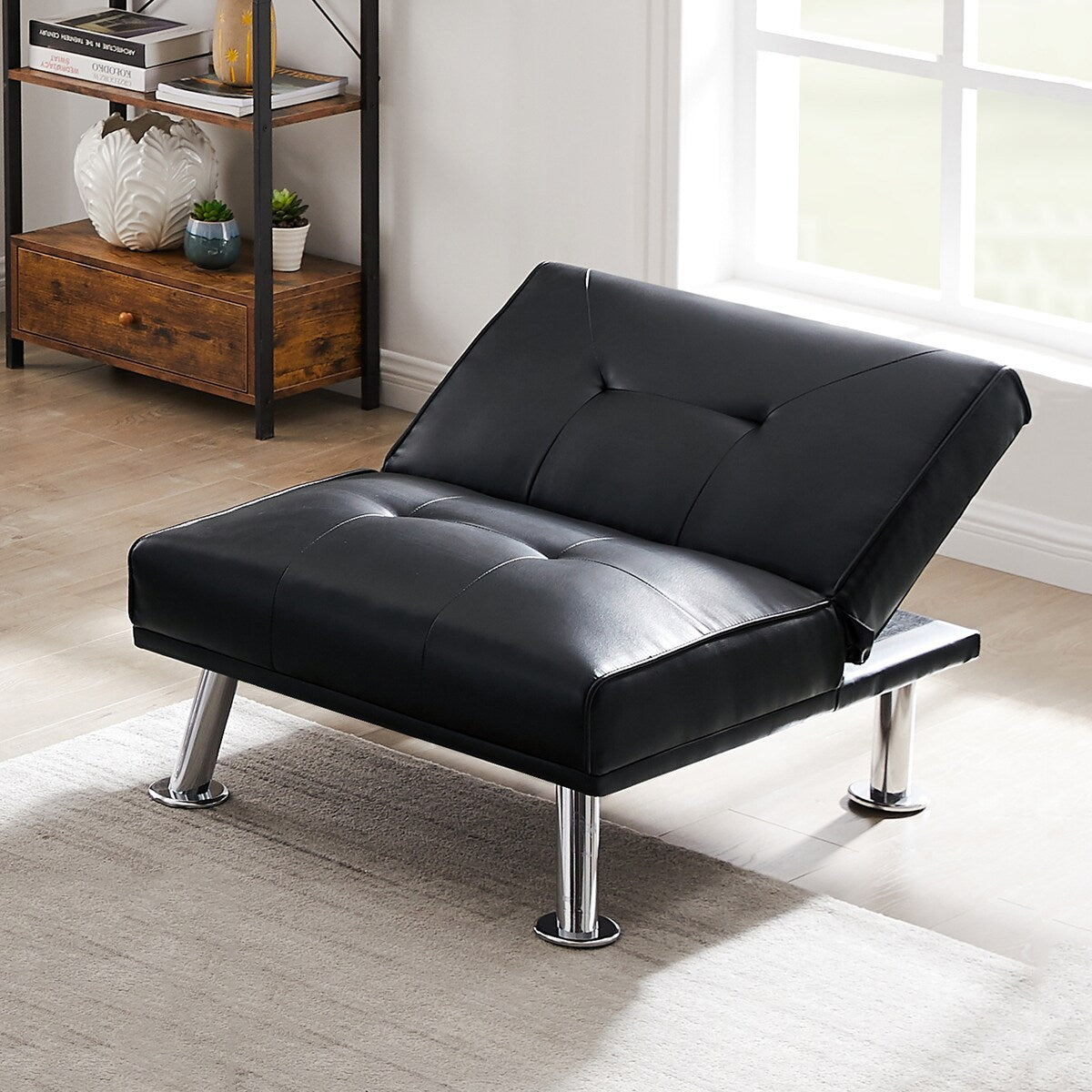Single Sofa Bed With Ottoman , Leather Chaise Lounge Chair With Metal Legs，Black（29.5"L*31.5"W*29.53"H）