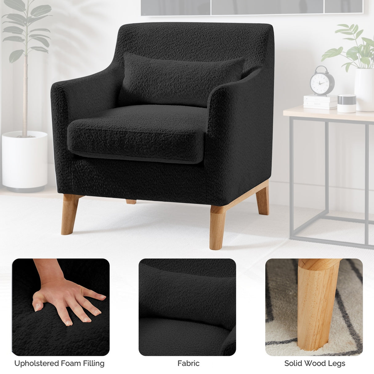 Single Sofa Chair for Bedroom Livingroom Accent Chairs w/ Wooden Legs and Pillows, Terry Fabric Recliners Lounge Sofa Chairs