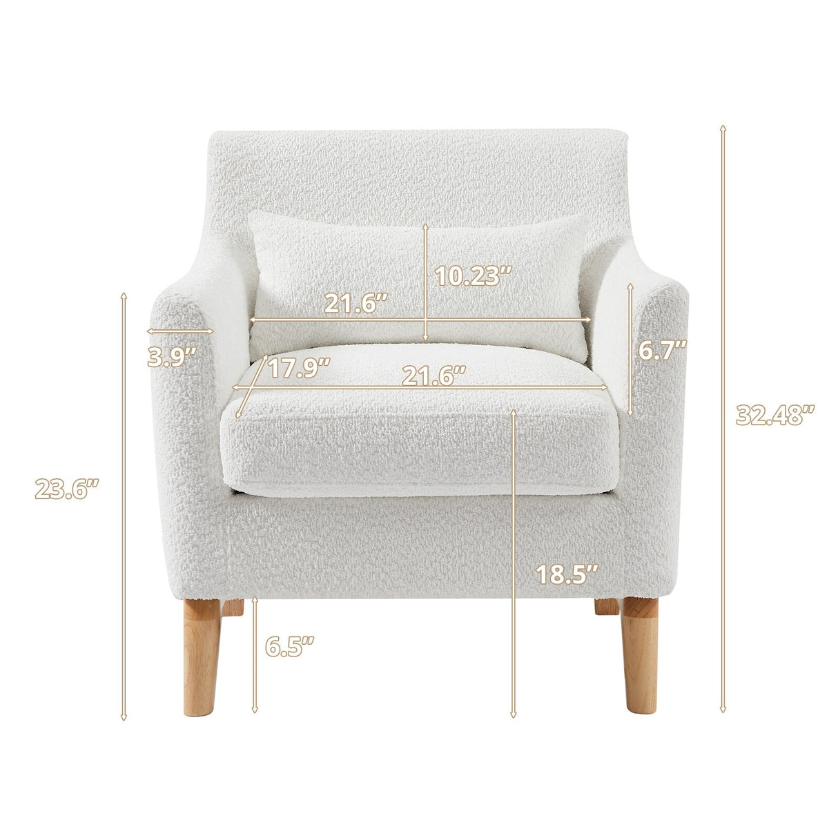 Single Sofa Chair for Bedroom Livingroom Accent Chairs w/ Wooden Legs and Pillows, Terry Fabric Recliners Lounge Sofa Chairs