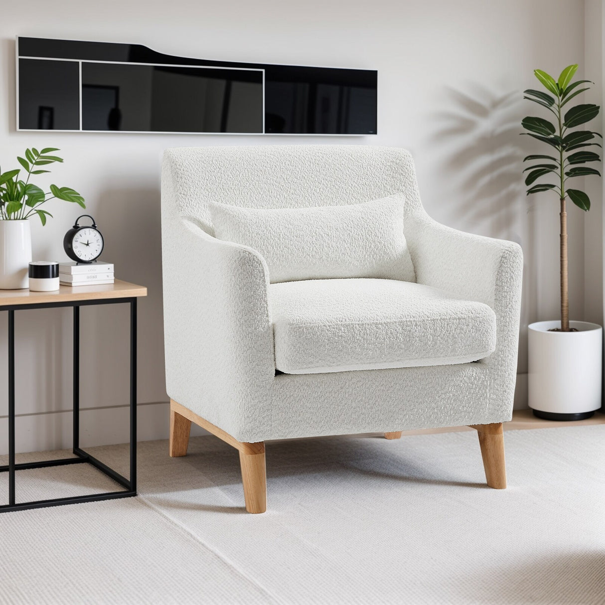 Single Sofa Chair for Bedroom Livingroom Accent Chairs w/ Wooden Legs and Pillows, Terry Fabric Recliners Lounge Sofa Chairs