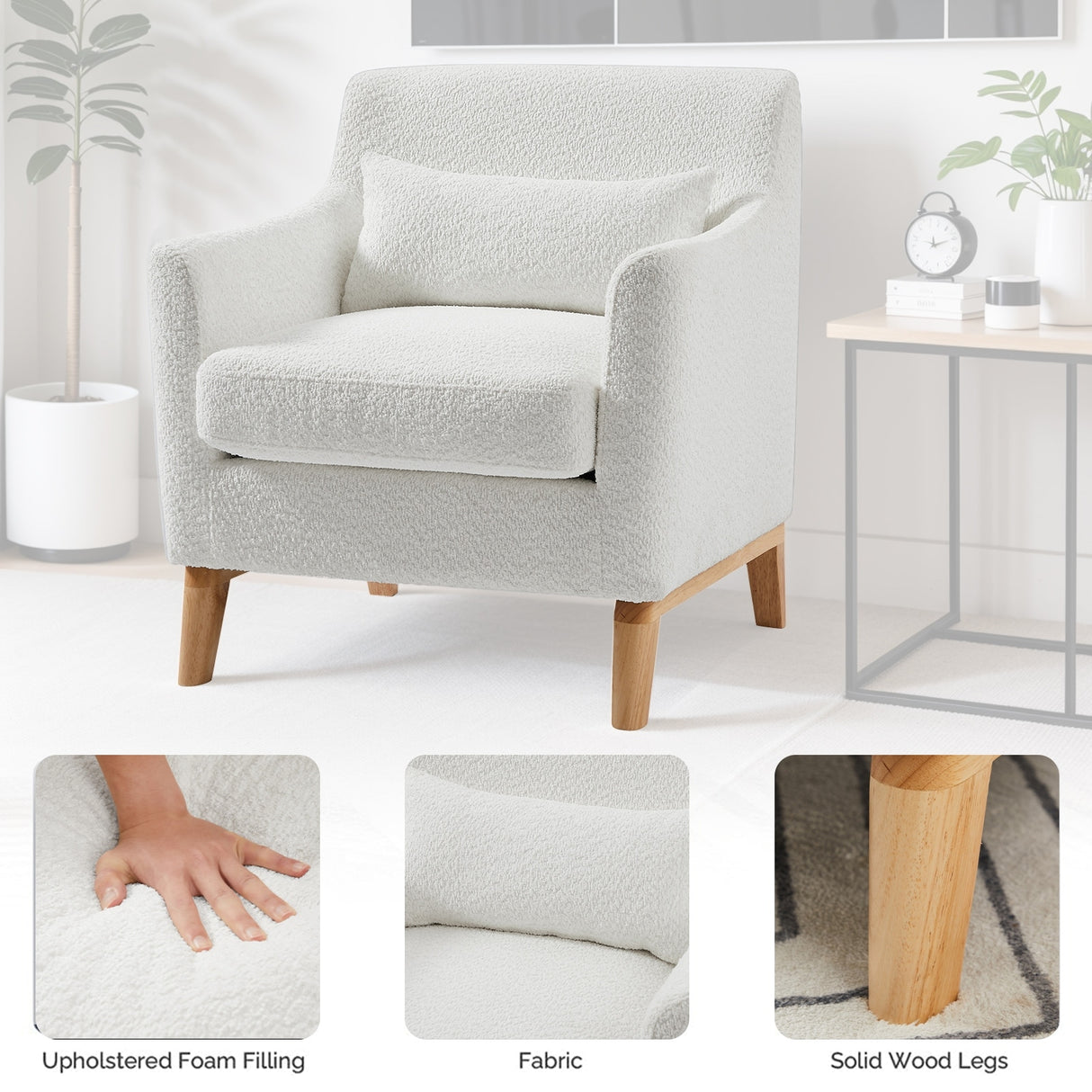 Single Sofa Chair for Bedroom Livingroom Accent Chairs w/ Wooden Legs and Pillows, Terry Fabric Recliners Lounge Sofa Chairs