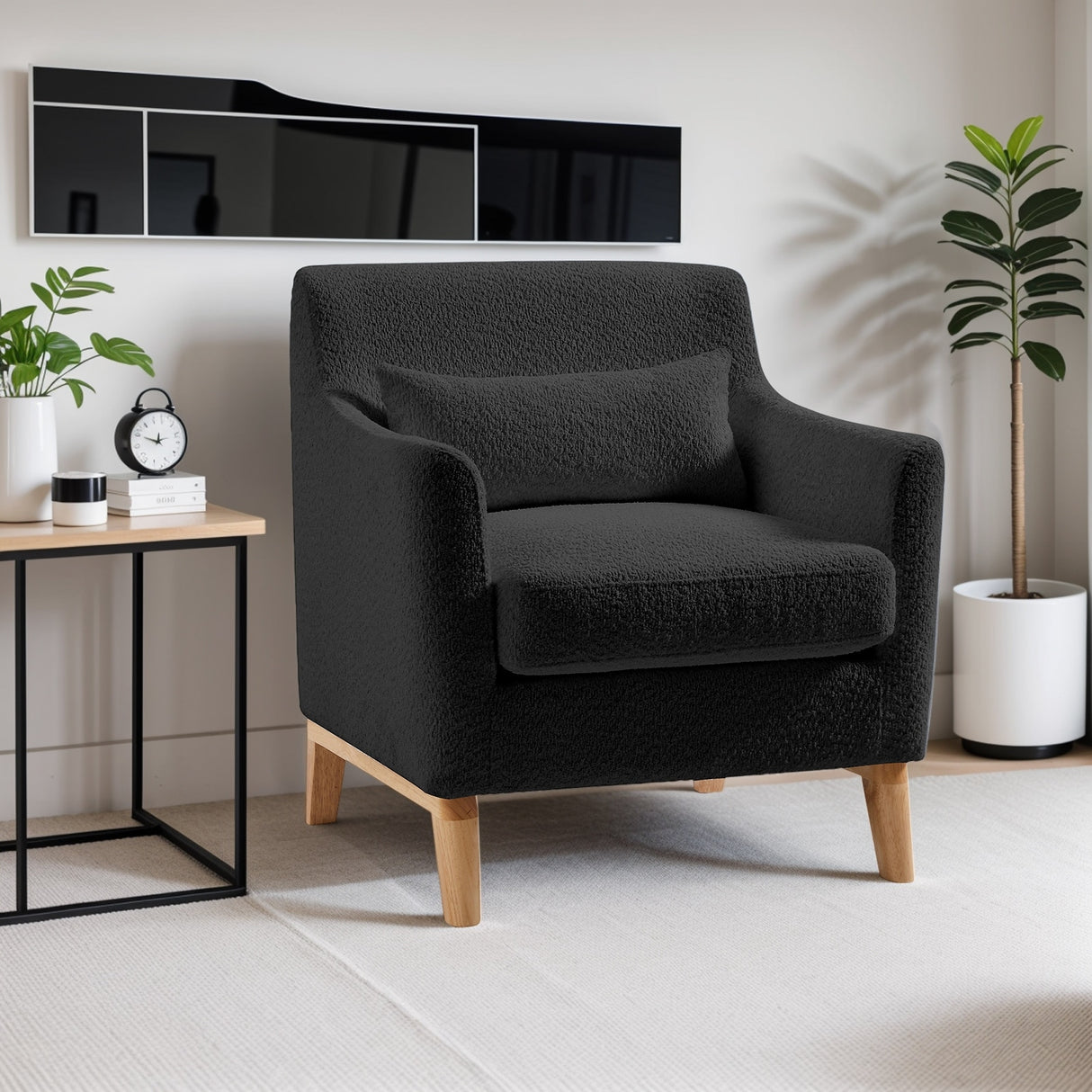 Single Sofa Chair for Bedroom Livingroom Accent Chairs w/ Wooden Legs and Pillows, Terry Fabric Recliners Lounge Sofa Chairs