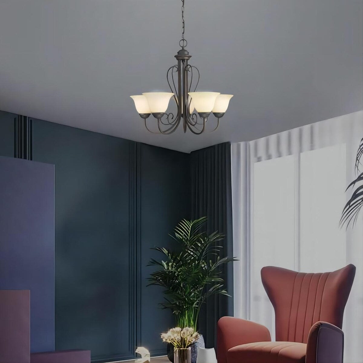 Single Tier 5-light Chandelier with Glass Shade, Oil Rubbed Bronze - 23" H x 23" W x 21.75" D
