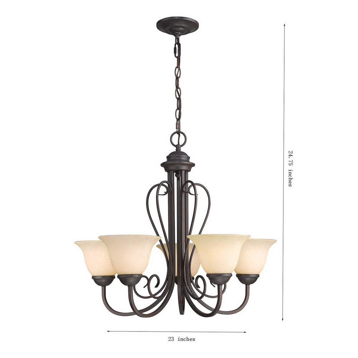 Single Tier 5-light Chandelier with Glass Shade, Oil Rubbed Bronze - 23" H x 23" W x 21.75" D