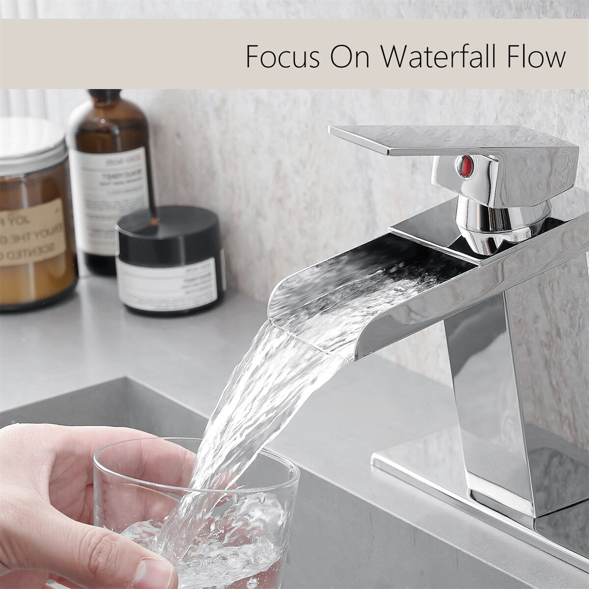 Sink Faucet w/ Deck Plate Waterfall Faucets for Sink 1 Hole or 3 Holes