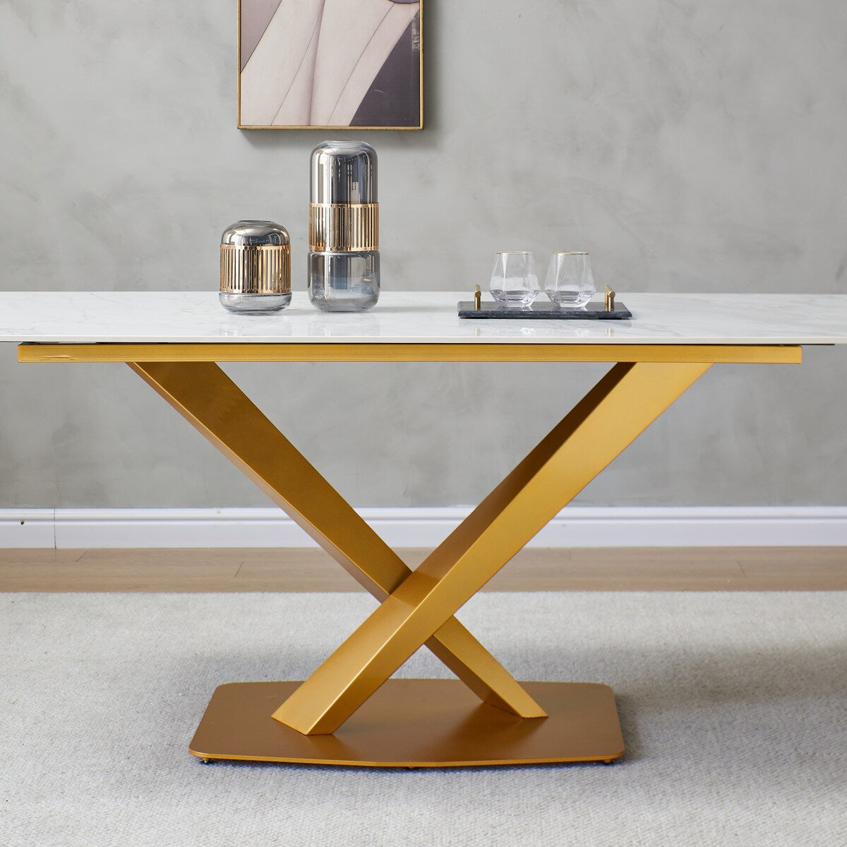 Sintered stone dinning table with 4 pcs Chairs ,Carrara white color , Modern Dinning table with solid Gold