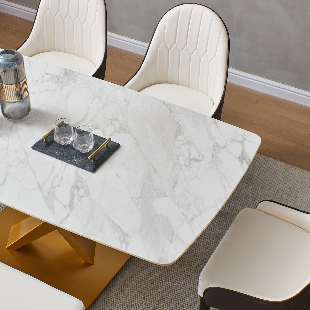 Sintered stone dinning table with 4 pcs Chairs ,Carrara white color , Modern Dinning table with solid Gold