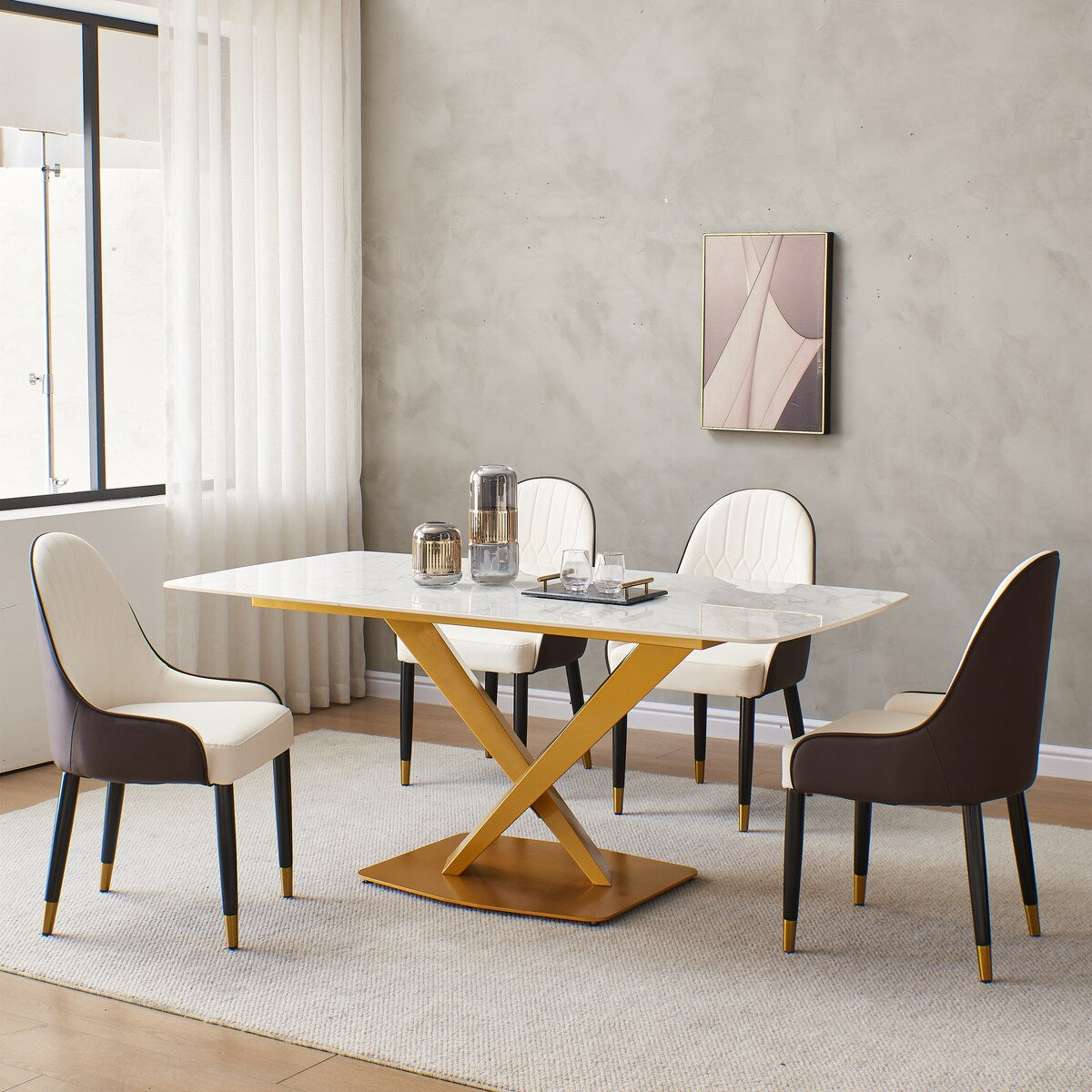 Sintered stone dinning table with 4 pcs Chairs ,Carrara white color , Modern Dinning table with solid Gold