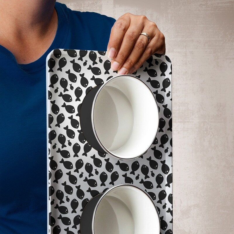 Sit-n-Stay Small Magnetic Non-Slip Pet Tray & Food Bowl Set Gray Fish