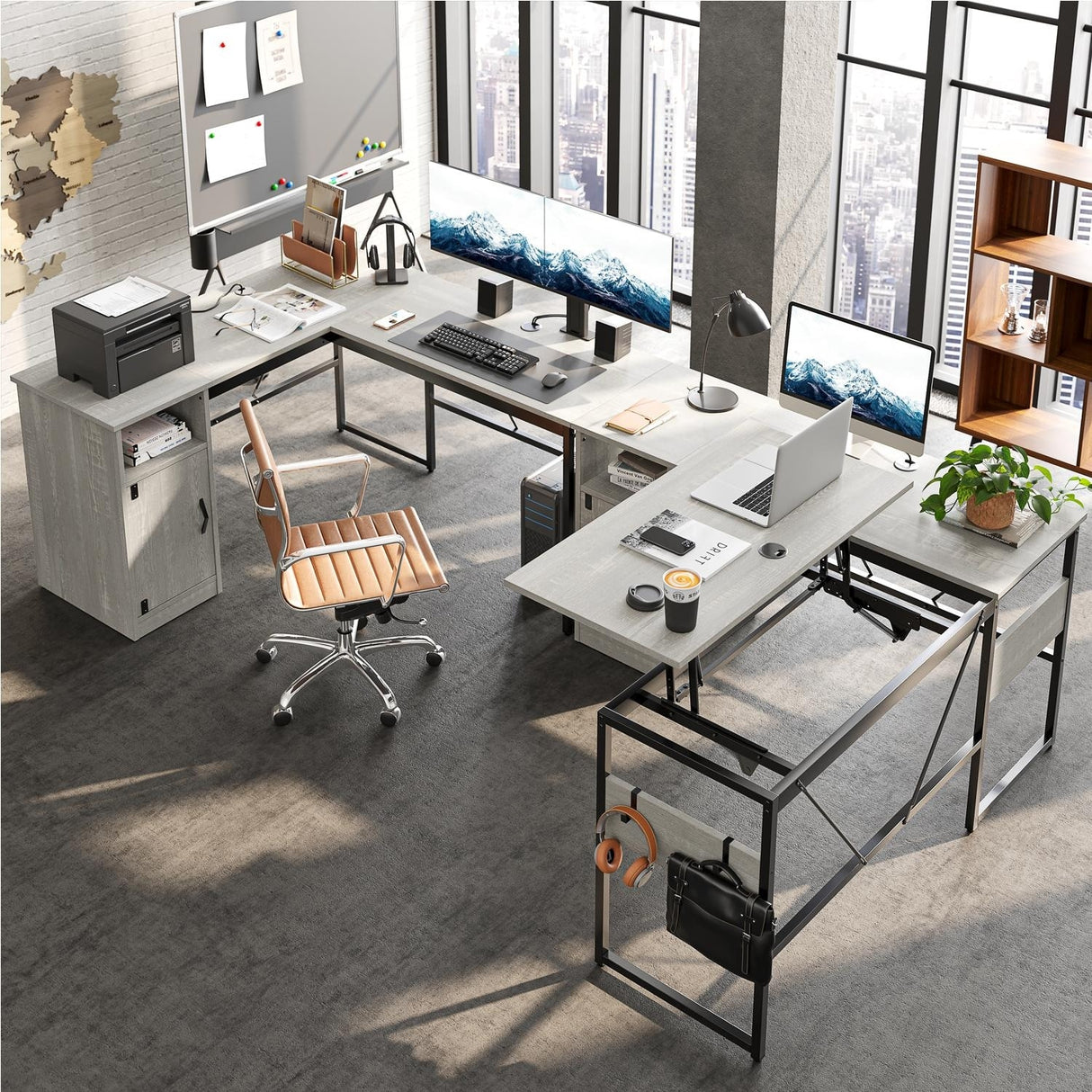 Versatile 60" L Shaped Standing Desk with Lift Top & Storage Cabinet, Corner Desk Extending to 95’’ with Hooks