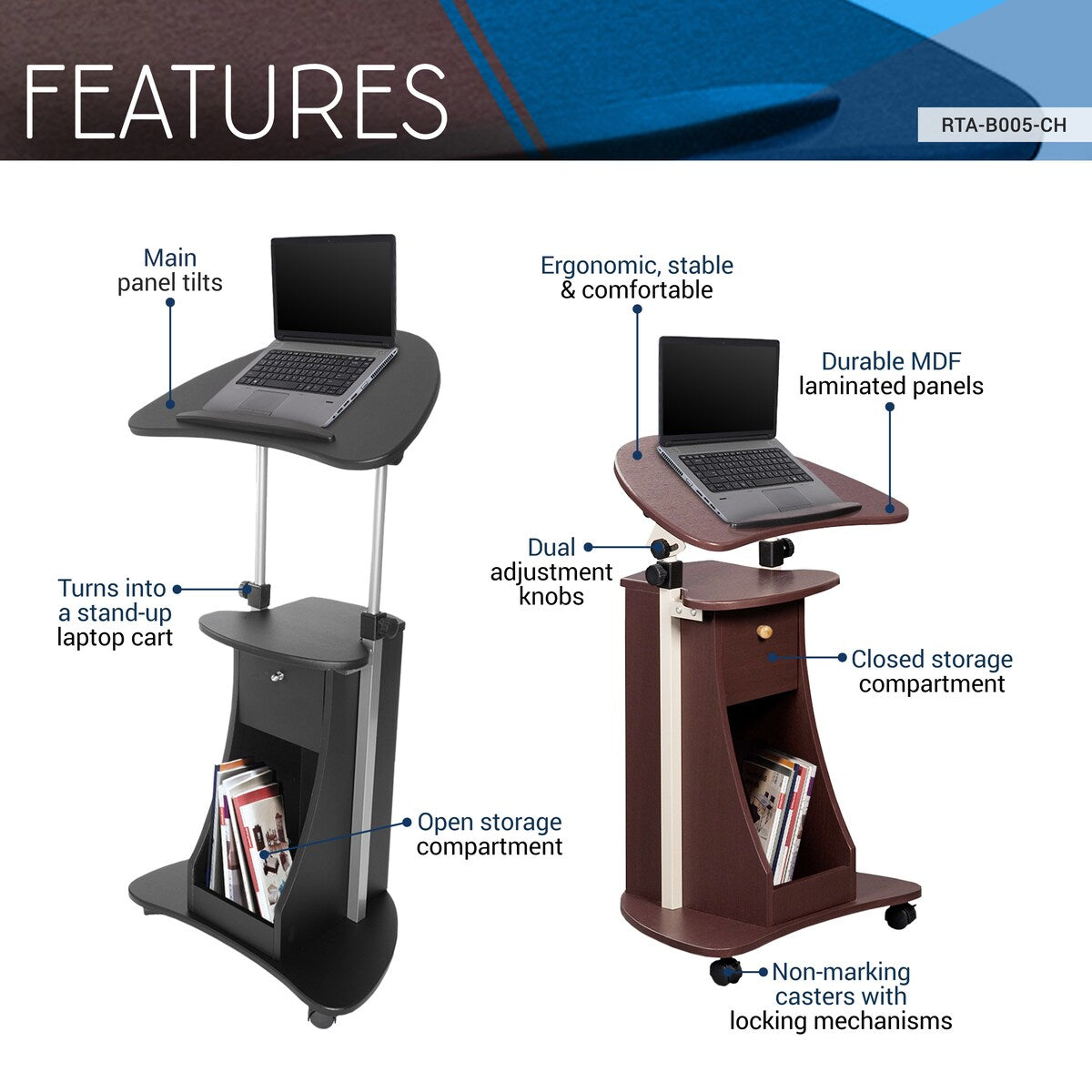 Sit-to-Stand Rolling Adjustable Laptop Cart With Storage