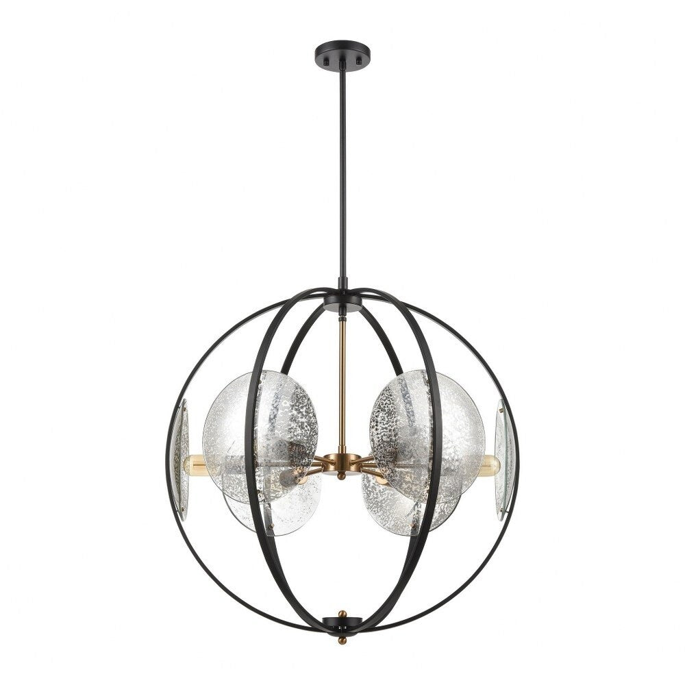 Six Light Round Orb Chandelier With Mercury Glass Discs Matte Black/Satin Brass Finish with Mercury