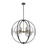 Six Light Round Orb Chandelier With Mercury Glass Discs Matte Black/Satin Brass Finish with Mercury