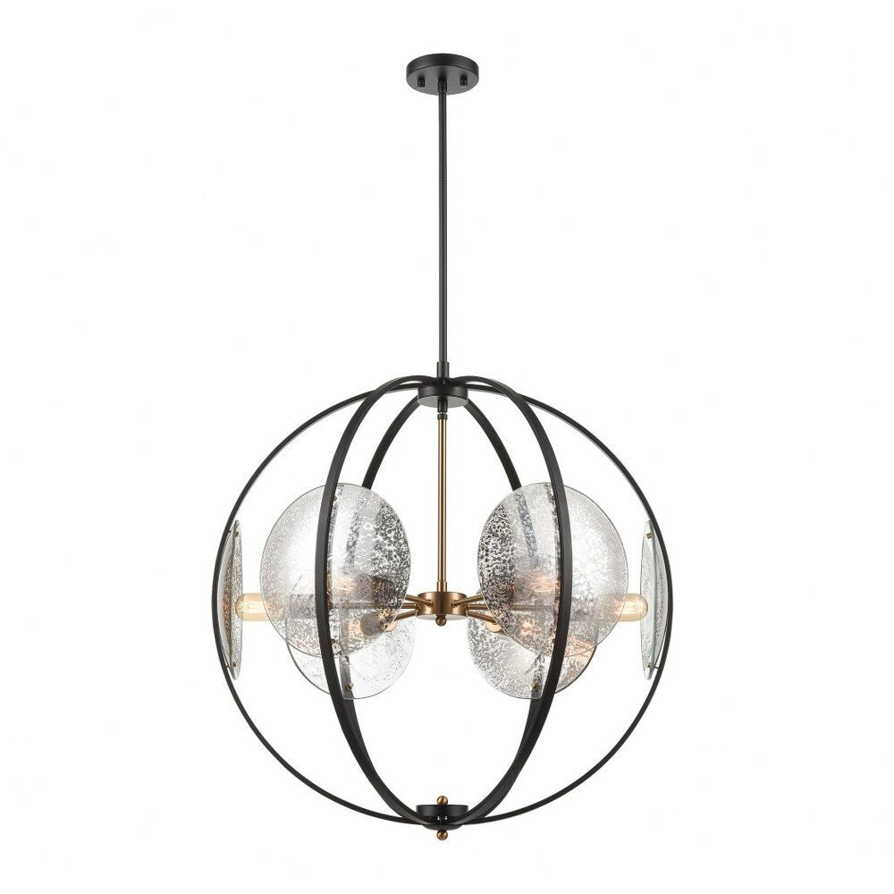 Six Light Round Orb Chandelier With Mercury Glass Discs Matte Black/Satin Brass Finish with Mercury
