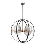 Six Light Round Orb Chandelier With Mercury Glass Discs Matte Black/Satin Brass Finish with Mercury