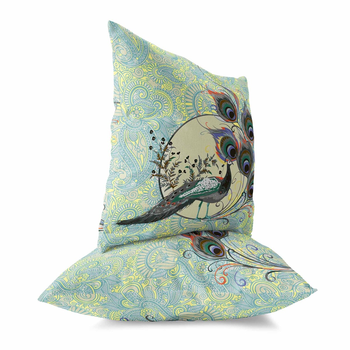 Skyblue And Yellow Paisley Peacock Dreams Faux Suede Throw Pillow Zipper