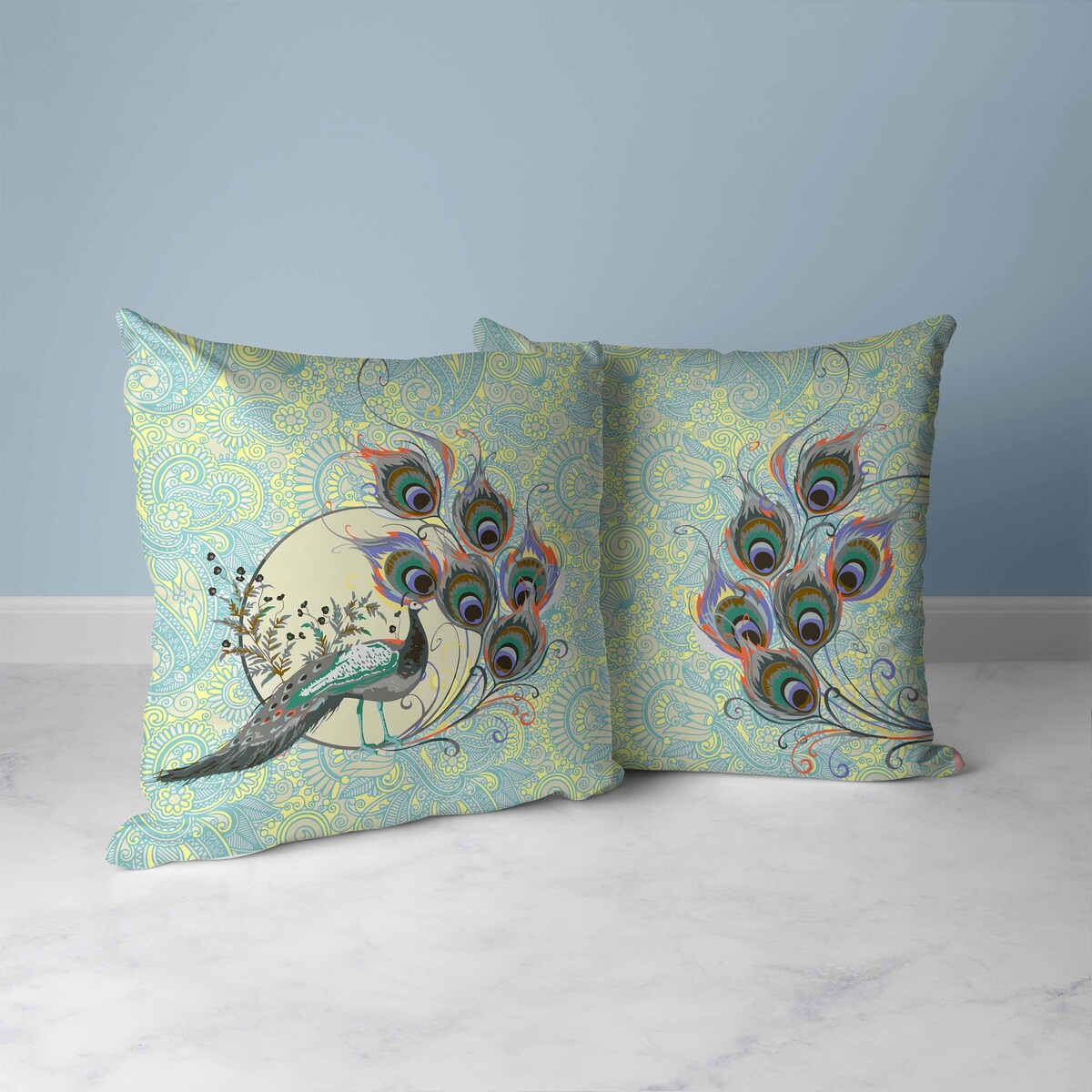 Skyblue And Yellow Paisley Peacock Dreams Faux Suede Throw Pillow Zipper