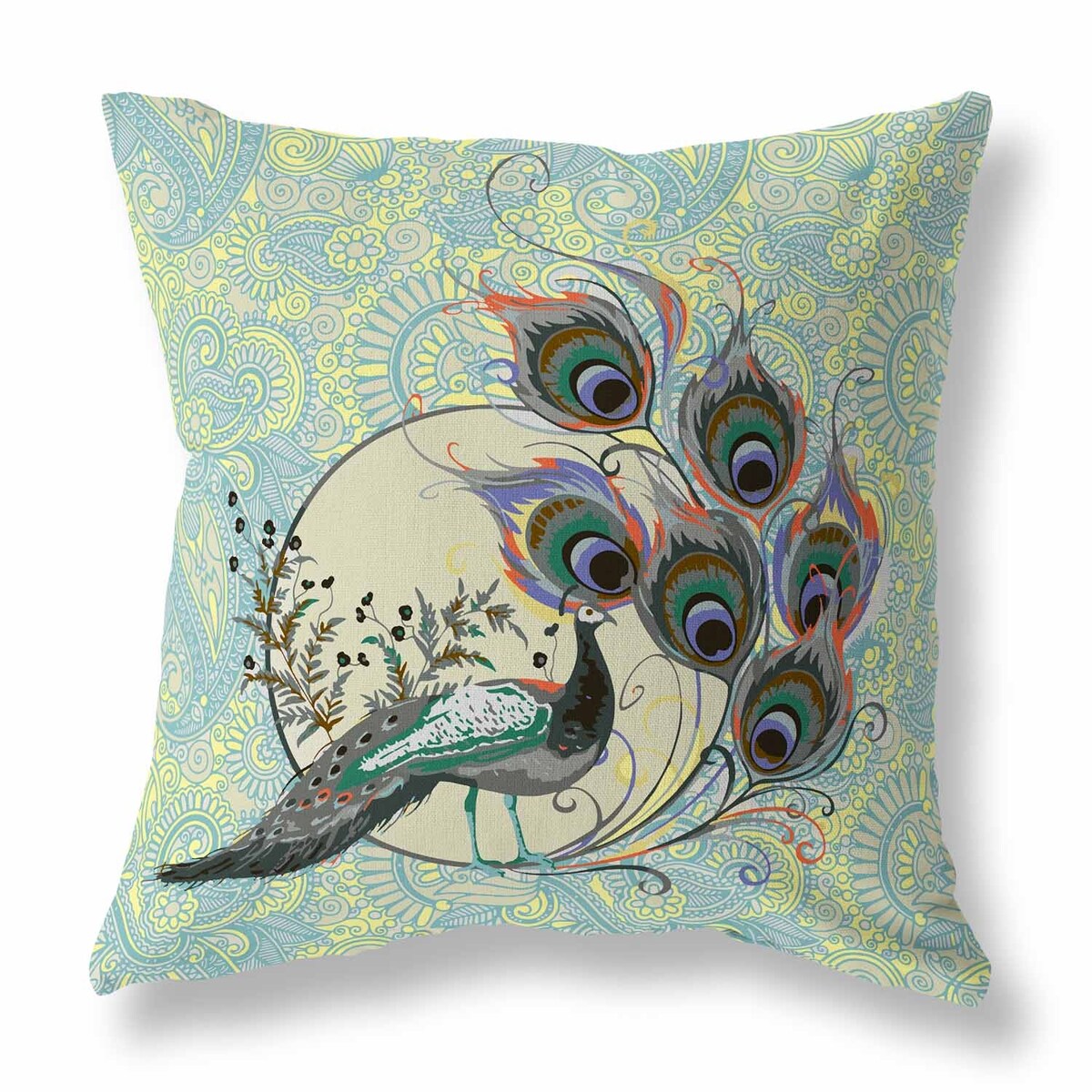 Skyblue And Yellow Paisley Peacock Dreams Faux Suede Throw Pillow Zipper