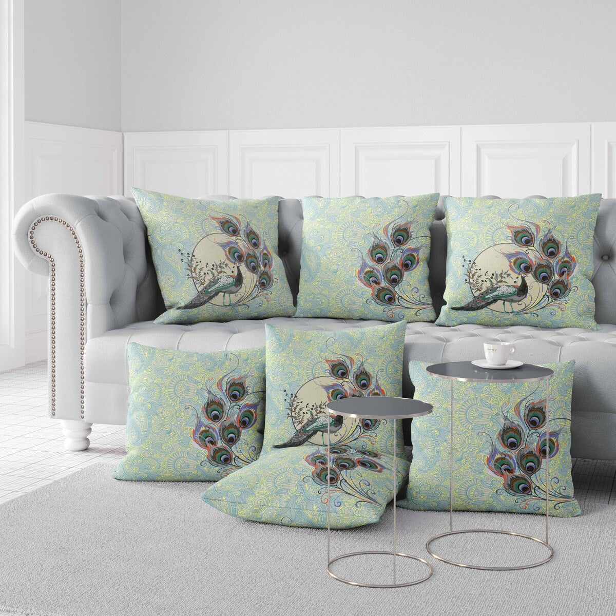 Skyblue And Yellow Paisley Peacock Dreams Faux Suede Throw Pillow Zipper