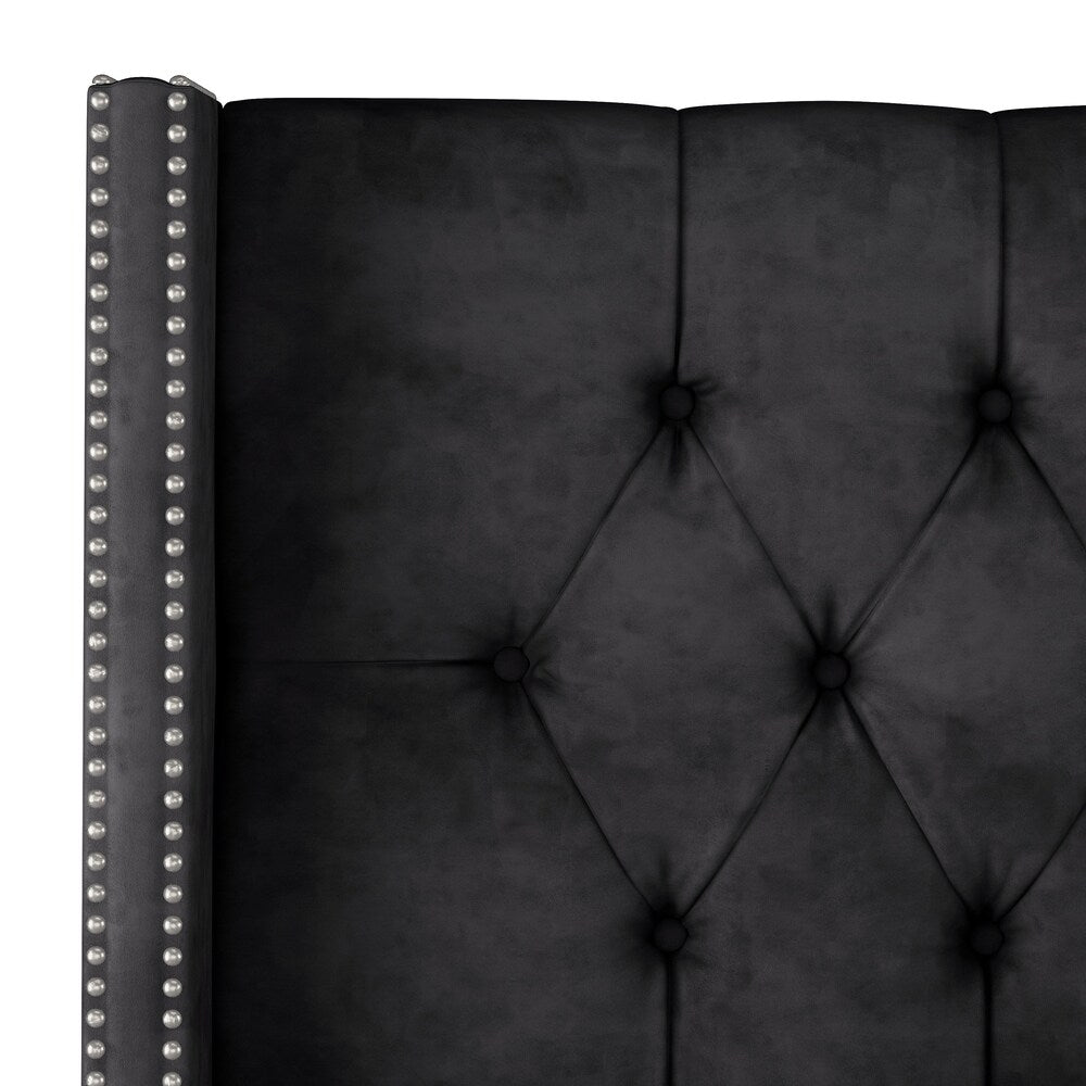 Skyline Furniture Black Velvet Diamond Tufted Wingback Nail Bed