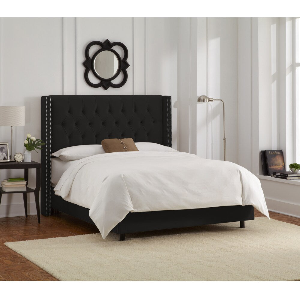 Skyline Furniture Black Velvet Diamond Tufted Wingback Nail Bed