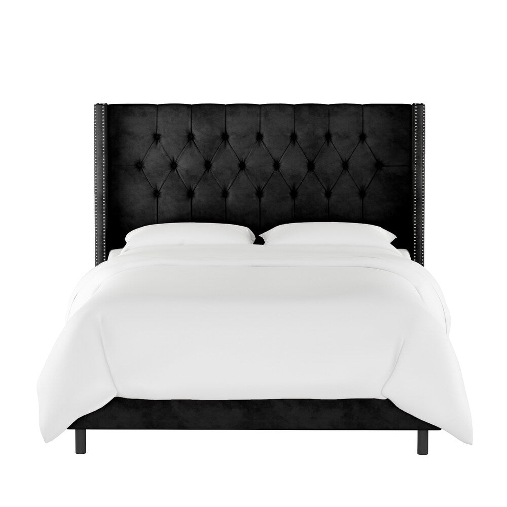 Skyline Furniture Black Velvet Diamond Tufted Wingback Nail Bed