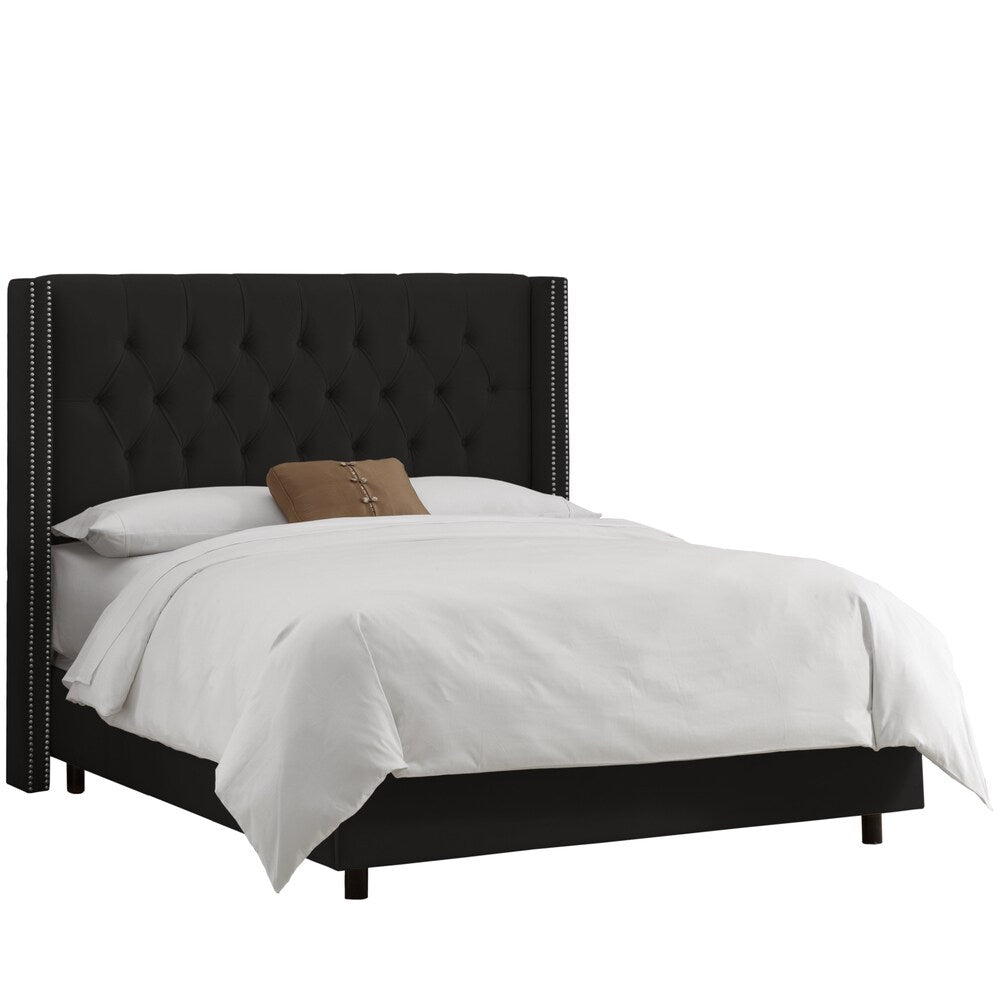 Skyline Furniture Black Velvet Diamond Tufted Wingback Nail Bed