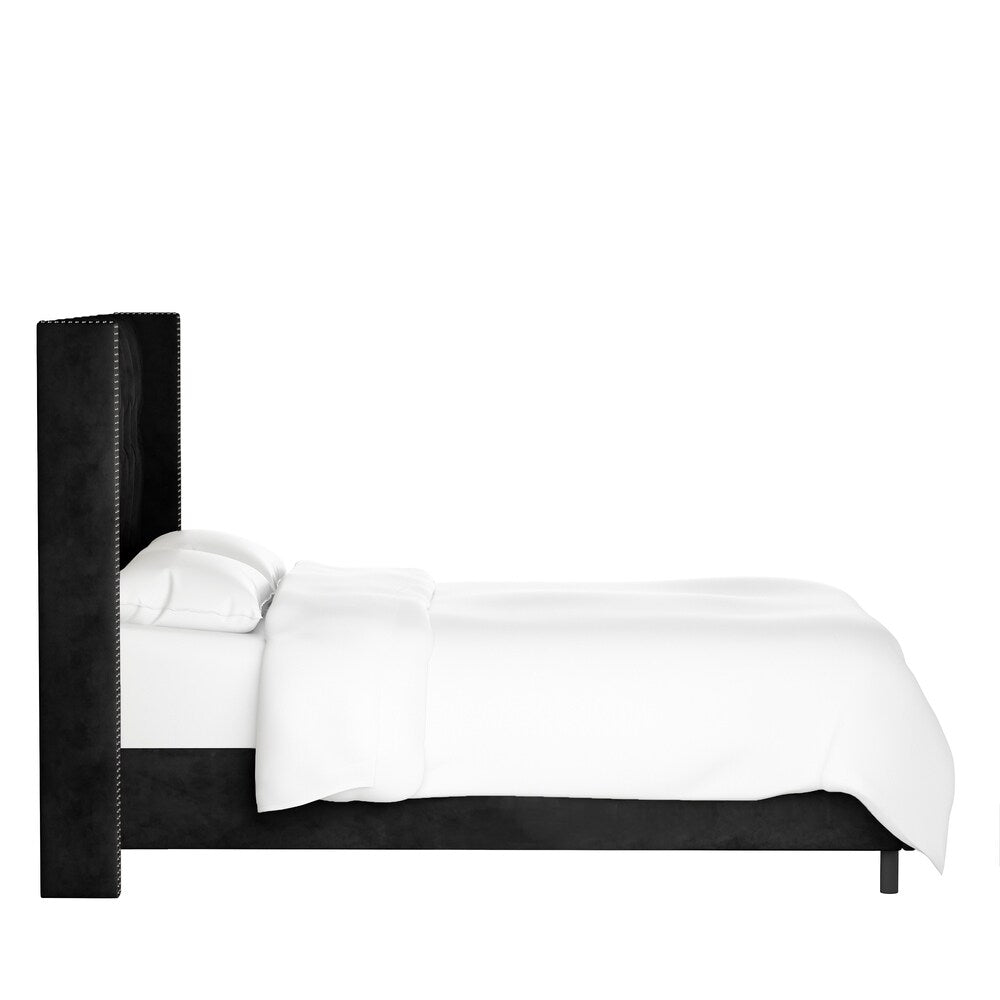 Skyline Furniture Black Velvet Diamond Tufted Wingback Nail Bed