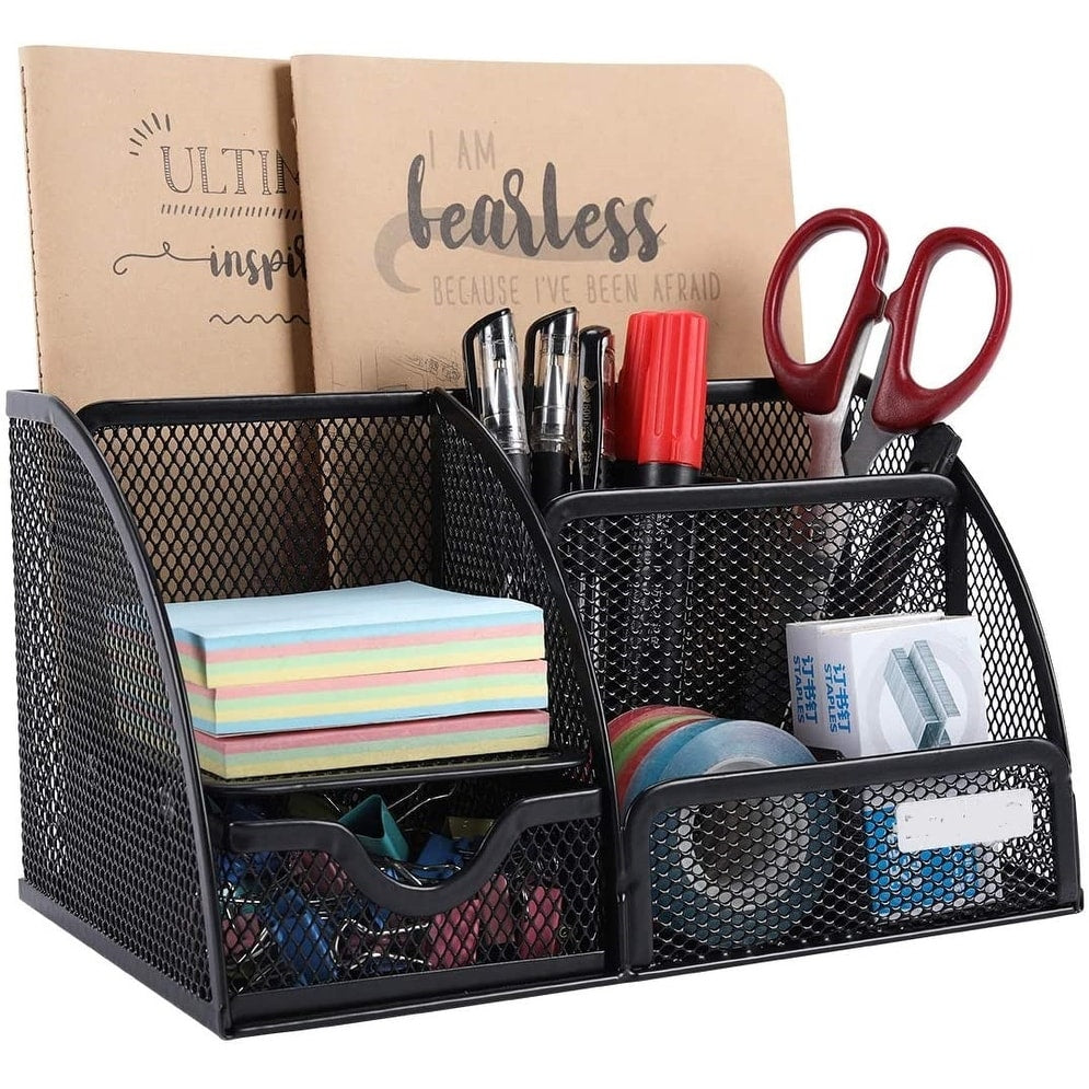 Homeroots Sleek Matte Black 6 Compartment Desk Organizer - 8.7" x 5.5" x 5"