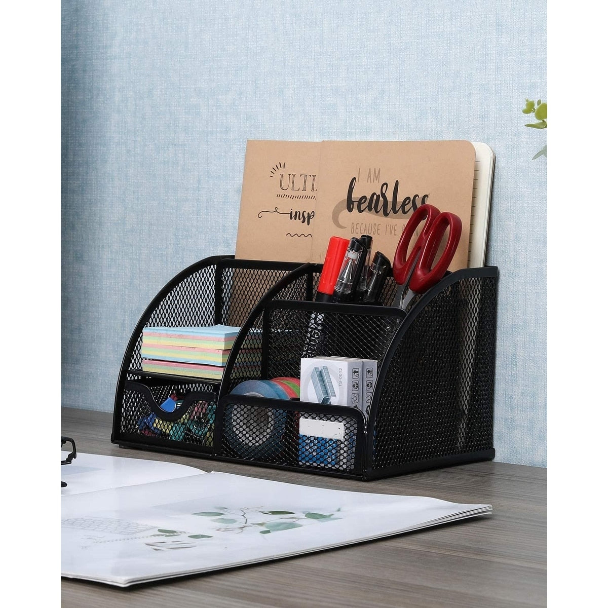 Homeroots Sleek Matte Black 6 Compartment Desk Organizer - 8.7" x 5.5" x 5"