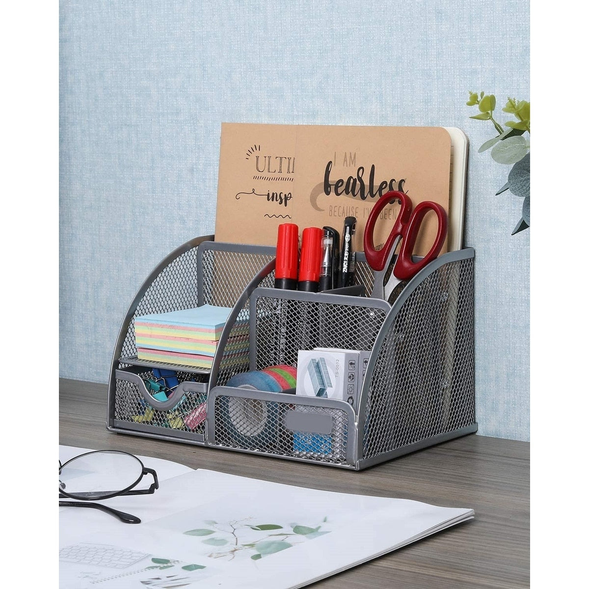Homeroots Sleek Matte Black 6 Compartment Desk Organizer - 8.7" x 5.5" x 5"