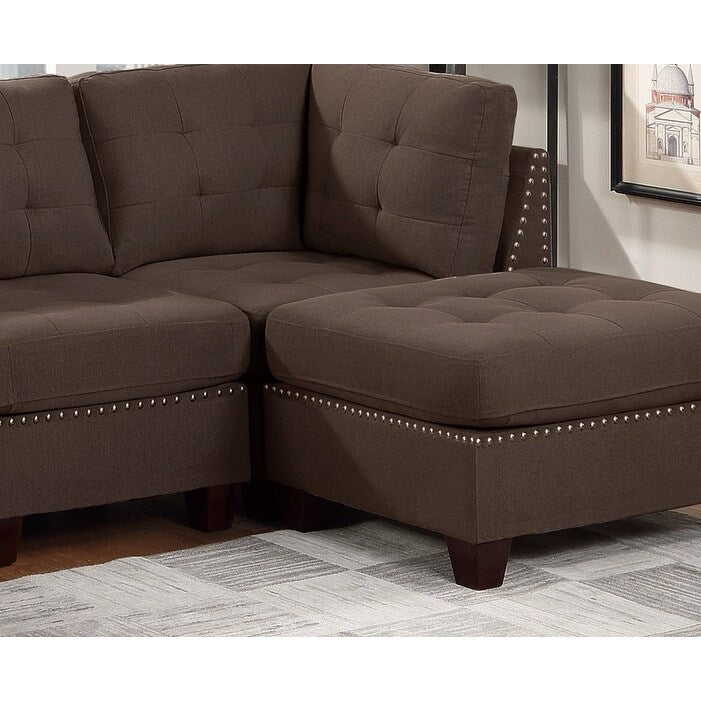 Sleeper Sofa 6pc Set Living Room Furniture Corner L-Sectional Black Coffee Linen Like Fabric Tufted Nail Sofa, Ottoman