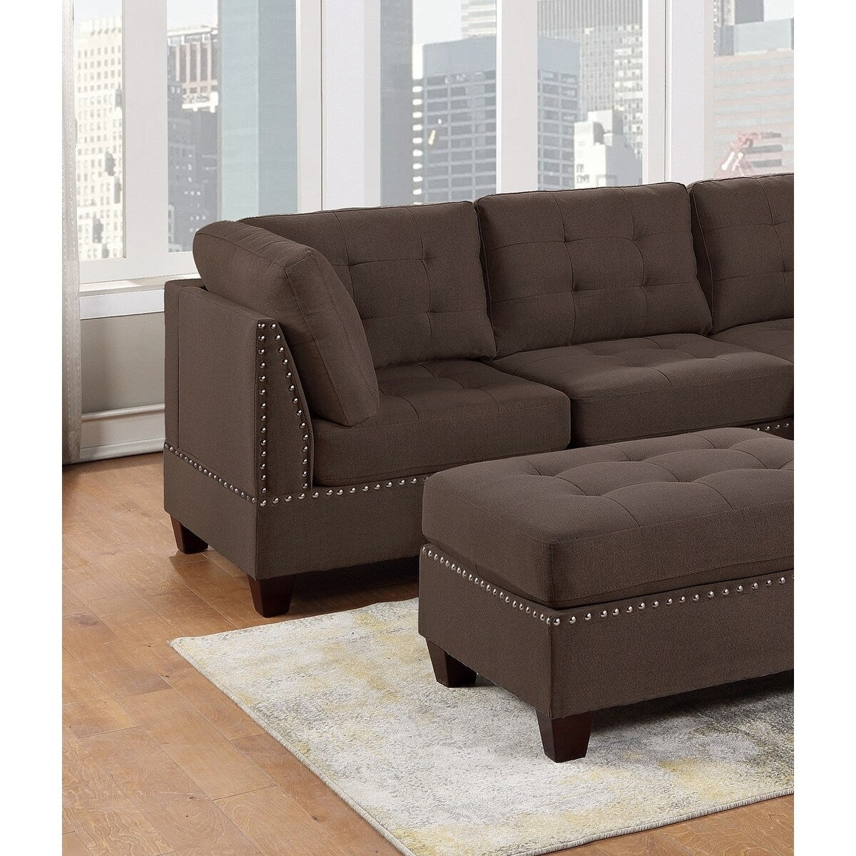 Sleeper Sofa 6pc Set Living Room Furniture Corner L-Sectional Black Coffee Linen Like Fabric Tufted Nail Sofa, Ottoman