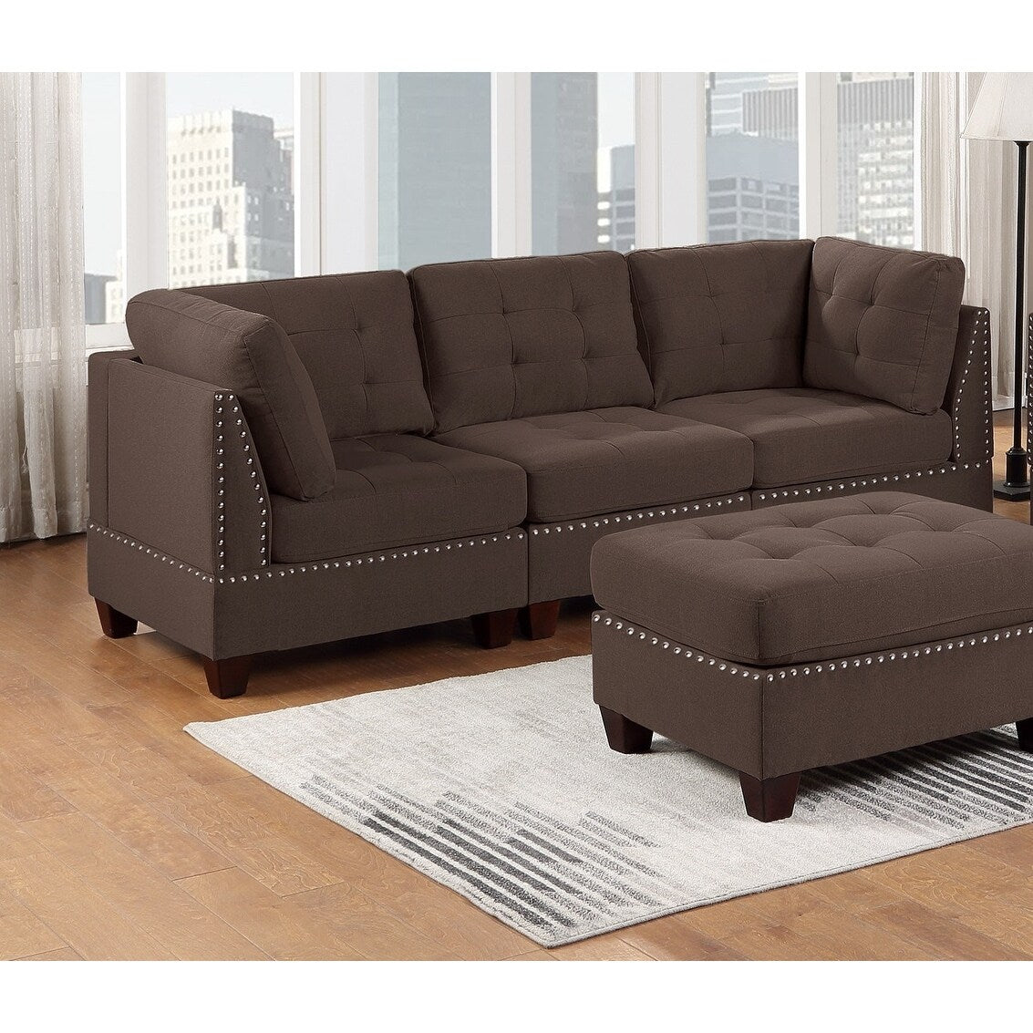 Sleeper Sofa 6pc Set Living Room Furniture Corner L-Sectional Black Coffee Linen Like Fabric Tufted Nail Sofa, Ottoman