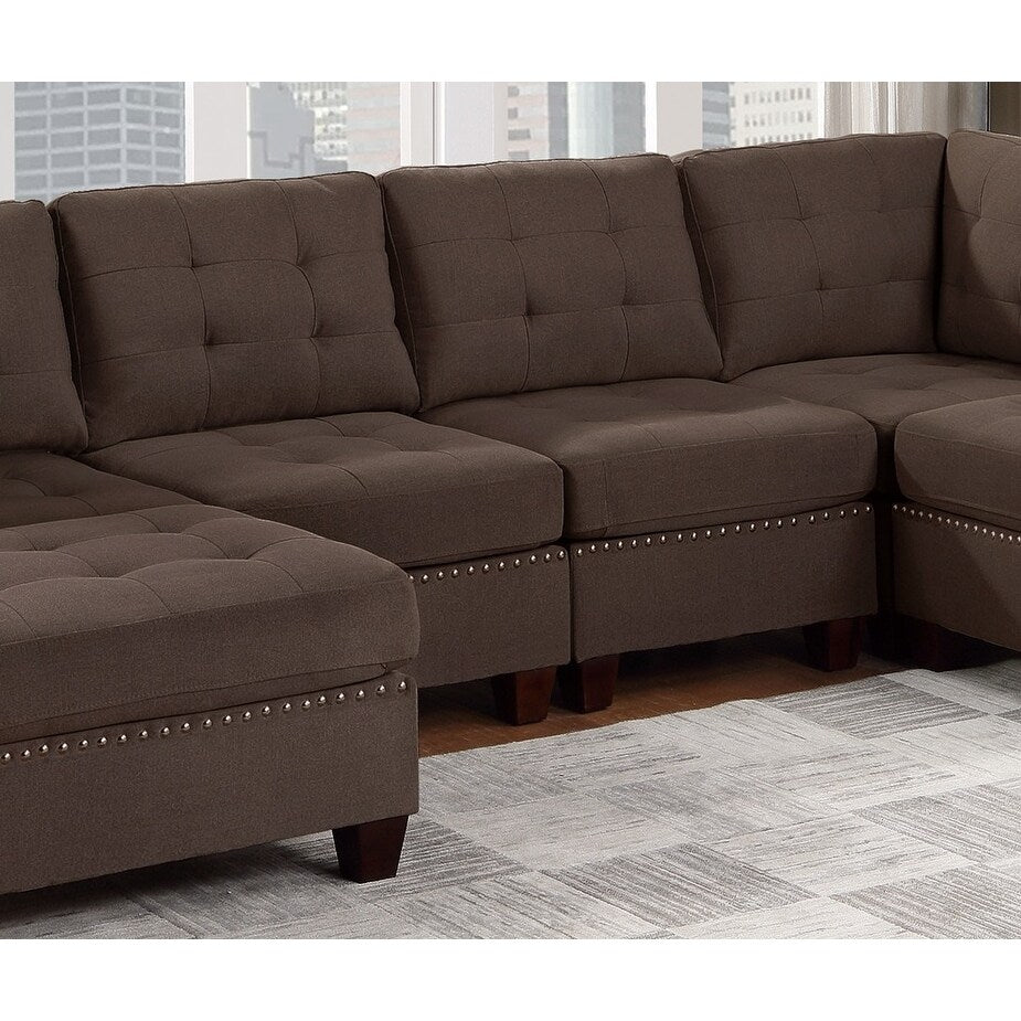 Sleeper Sofa 6pc Set Living Room Furniture Corner L-Sectional Black Coffee Linen Like Fabric Tufted Nail Sofa, Ottoman