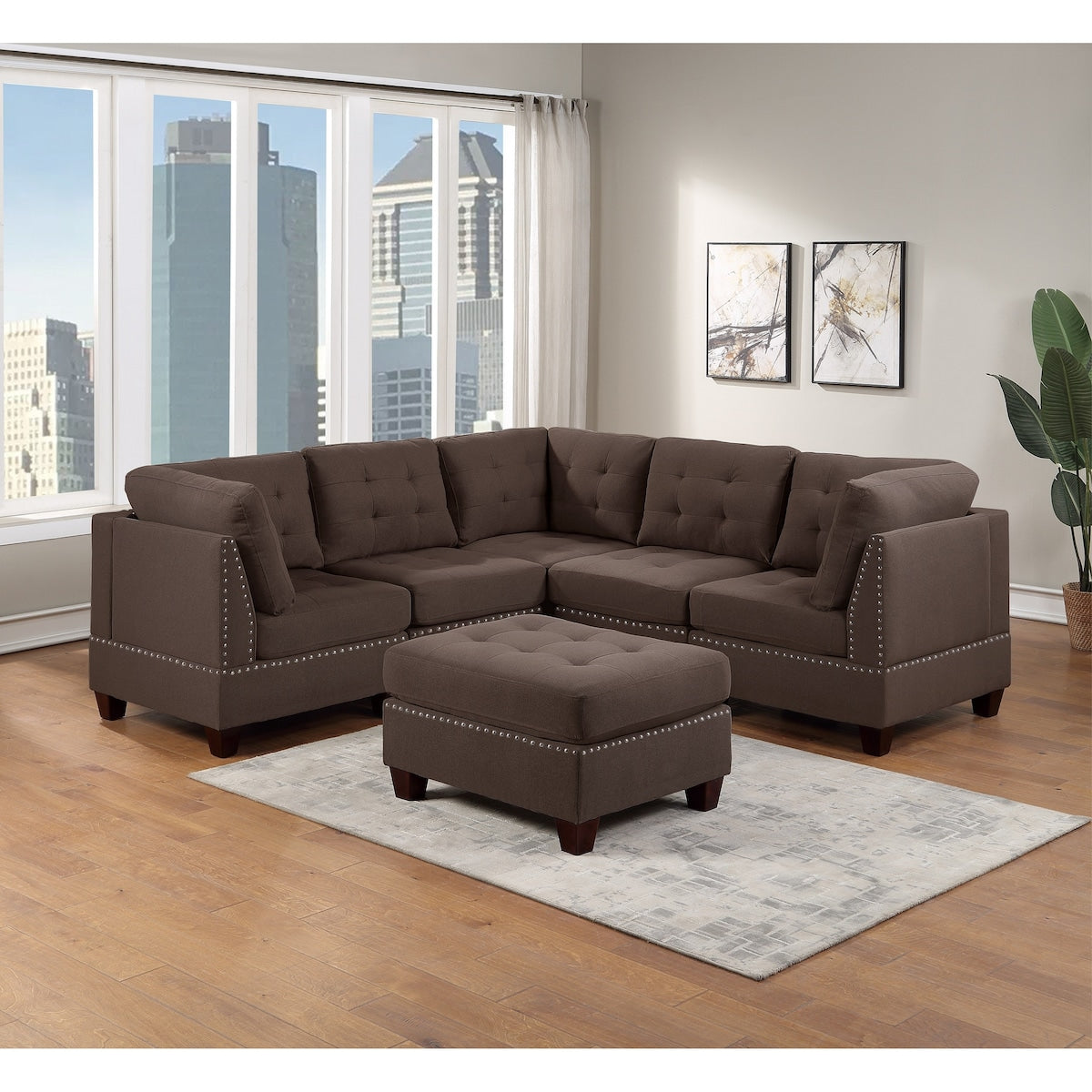 Sleeper Sofa 6pc Set Living Room Furniture Corner L-Sectional Black Coffee Linen Like Fabric Tufted Nail Sofa, Ottoman