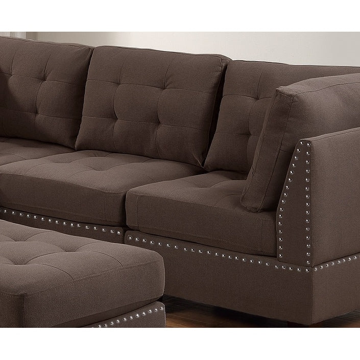 Sleeper Sofa 6pc Set Living Room Furniture Corner L-Sectional Black Coffee Linen Like Fabric Tufted Nail Sofa, Ottoman
