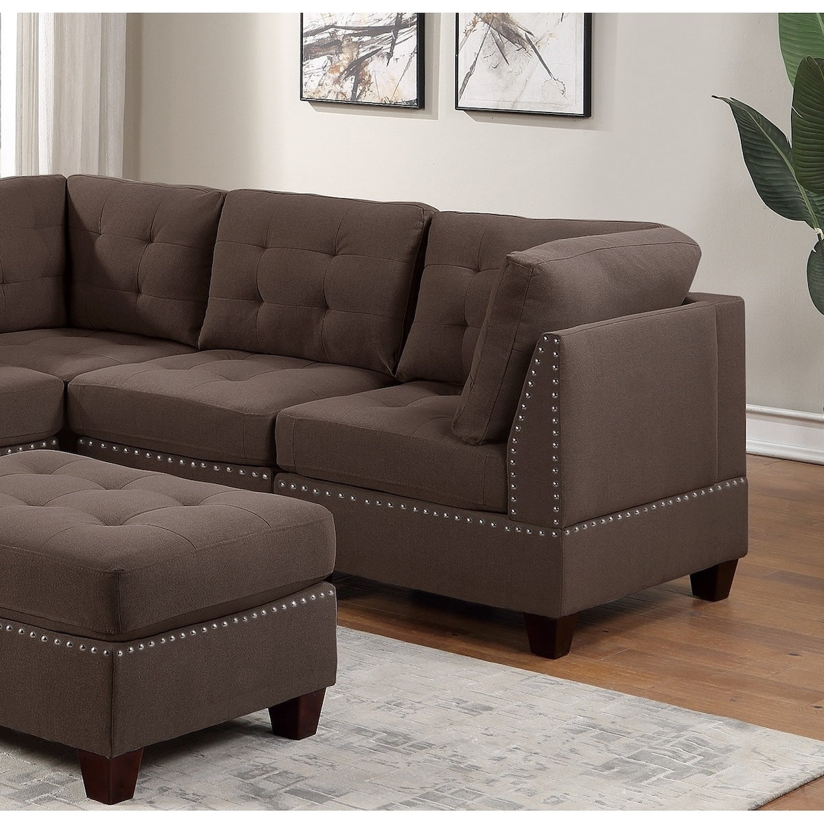 Sleeper Sofa 6pc Set Living Room Furniture Corner L-Sectional Black Coffee Linen Like Fabric Tufted Nail Sofa, Ottoman