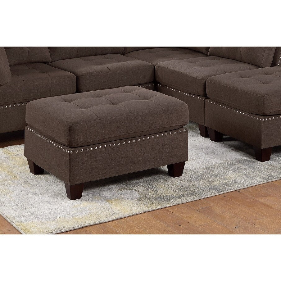 Sleeper Sofa 6pc Set Living Room Furniture Corner L-Sectional Black Coffee Linen Like Fabric Tufted Nail Sofa, Ottoman
