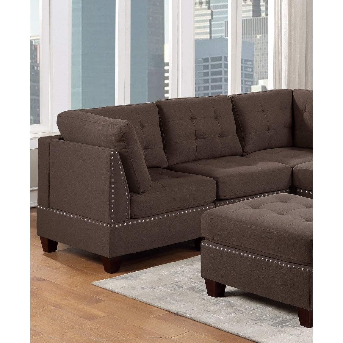 Sleeper Sofa 6pc Set Living Room Furniture Corner L-Sectional Black Coffee Linen Like Fabric Tufted Nail Sofa, Ottoman