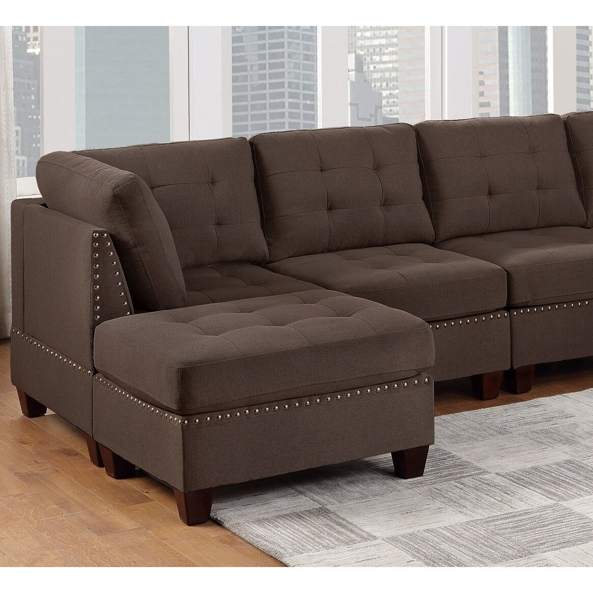 Sleeper Sofa 6pc Set Living Room Furniture Corner L-Sectional Black Coffee Linen Like Fabric Tufted Nail Sofa, Ottoman