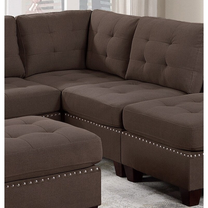 Sleeper Sofa 6pc Set Living Room Furniture Corner L-Sectional Black Coffee Linen Like Fabric Tufted Nail Sofa, Ottoman