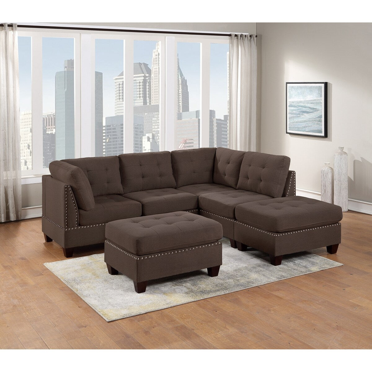 Sleeper Sofa 6pc Set Living Room Furniture Corner L-Sectional Black Coffee Linen Like Fabric Tufted Nail Sofa, Ottoman