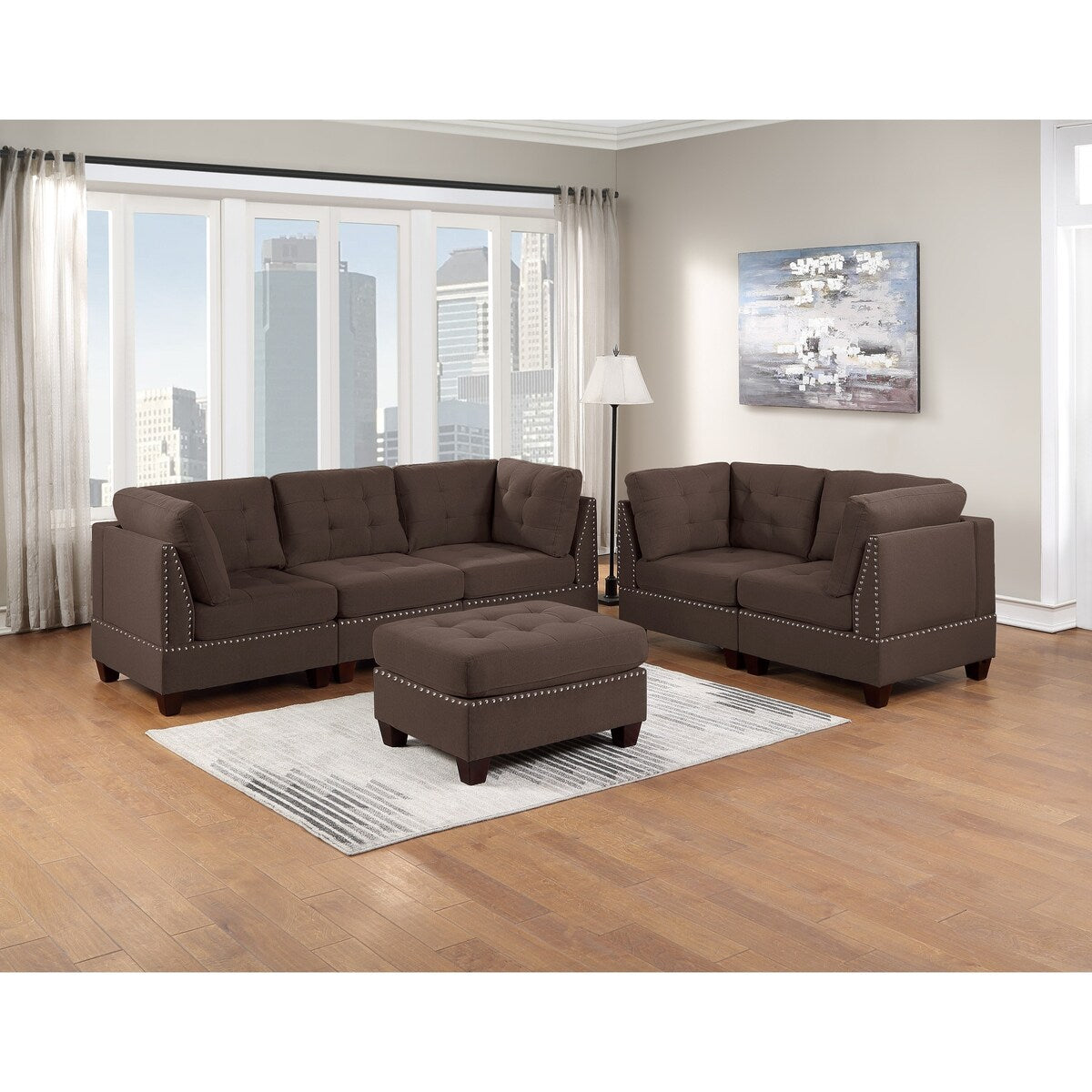 Sleeper Sofa 6pc Set Living Room Furniture Corner L-Sectional Black Coffee Linen Like Fabric Tufted Nail Sofa, Ottoman