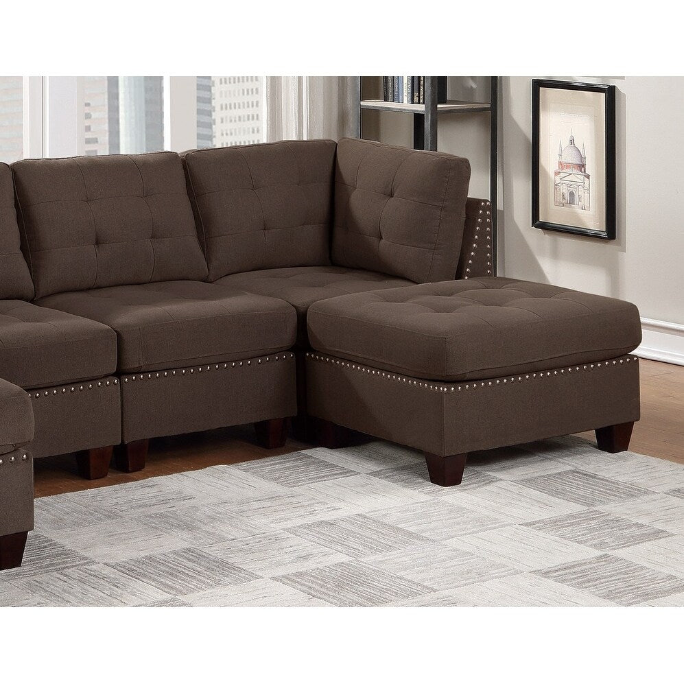 Sleeper Sofa 6pc Set Living Room Furniture Corner L-Sectional Black Coffee Linen Like Fabric Tufted Nail Sofa, Ottoman