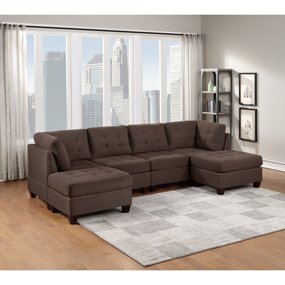 Sleeper Sofa 6pc Set Living Room Furniture Corner L-Sectional Black Coffee Linen Like Fabric Tufted Nail Sofa, Ottoman