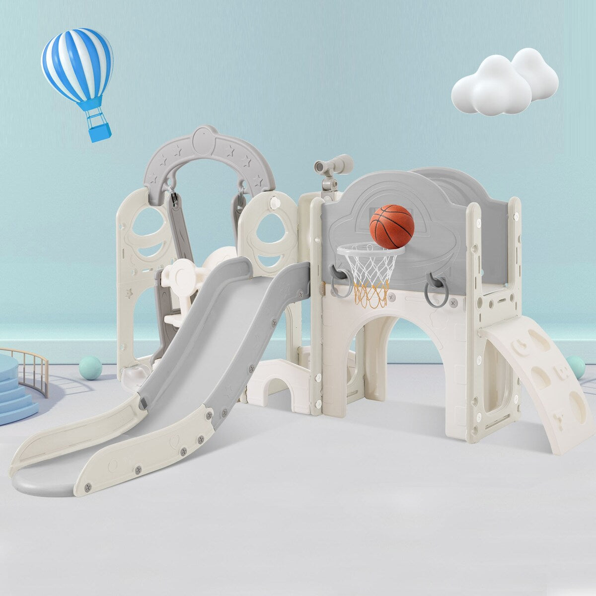 Slide and Swing Set 7 in 1, Kids Playground Climber Slide Playset with Basketball Hoop Freestanding Combination for Babies